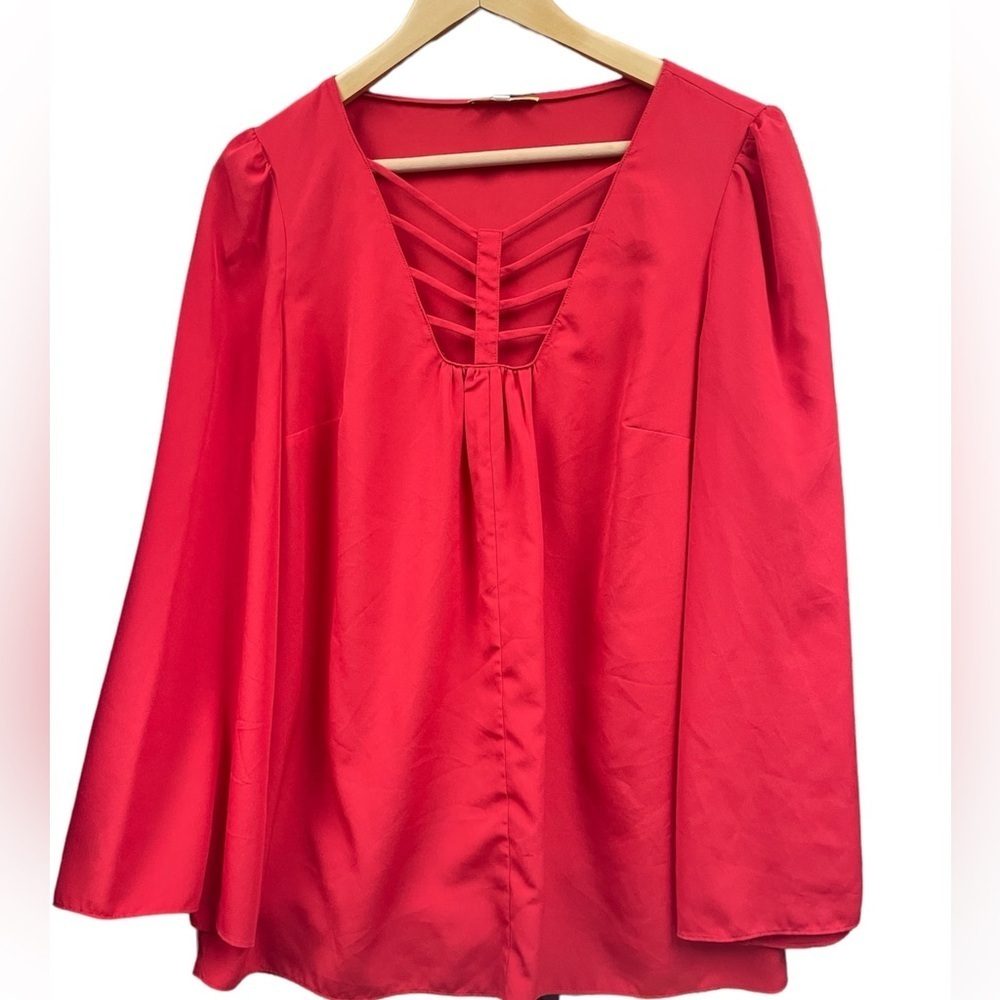 Gianni Bini Red Puff Bell Sleeve Drape Blouse Medium